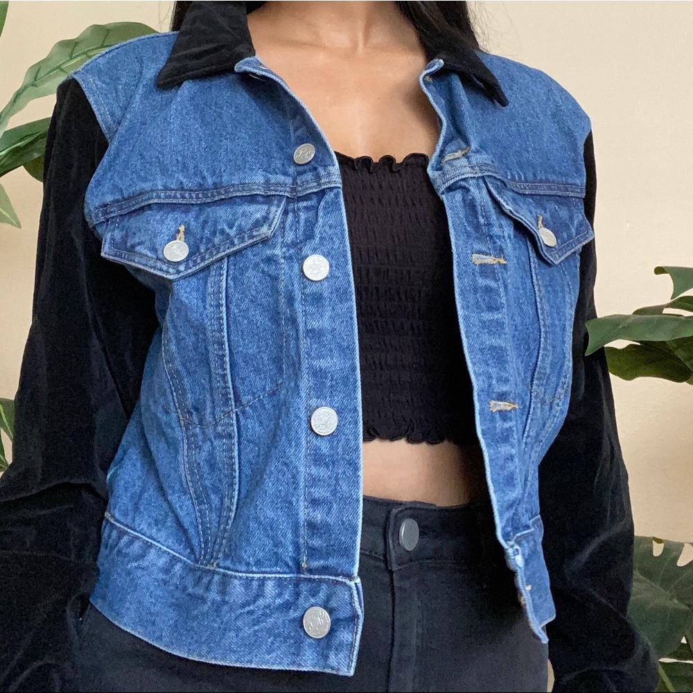 Jean jacket with black velvet sleeves and collar